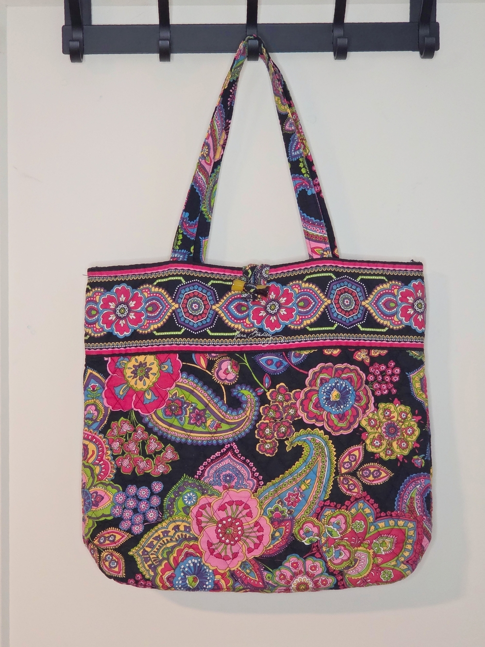 Vera Bradley Black Quilted Tote with Pink & Green Floral Paisley